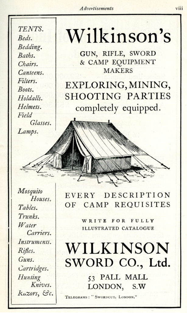 Advertisement showing a tent and text about shooting parties and mining