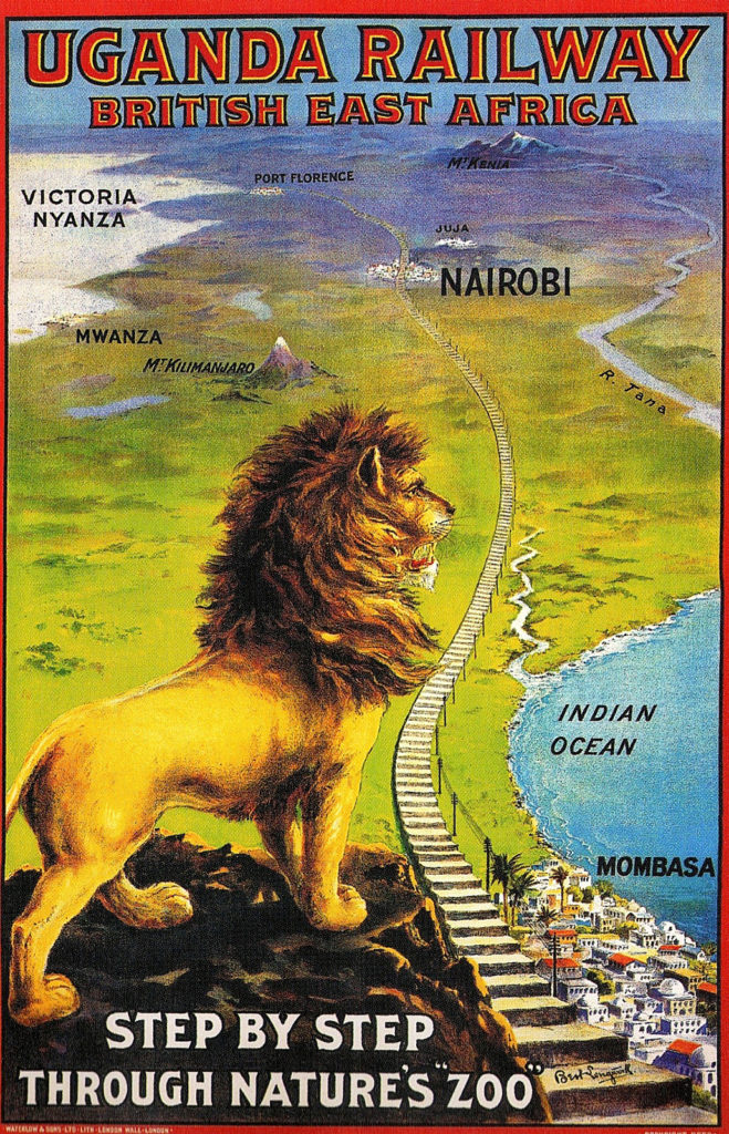poster showing a majestic lion overlooking railroad tracks